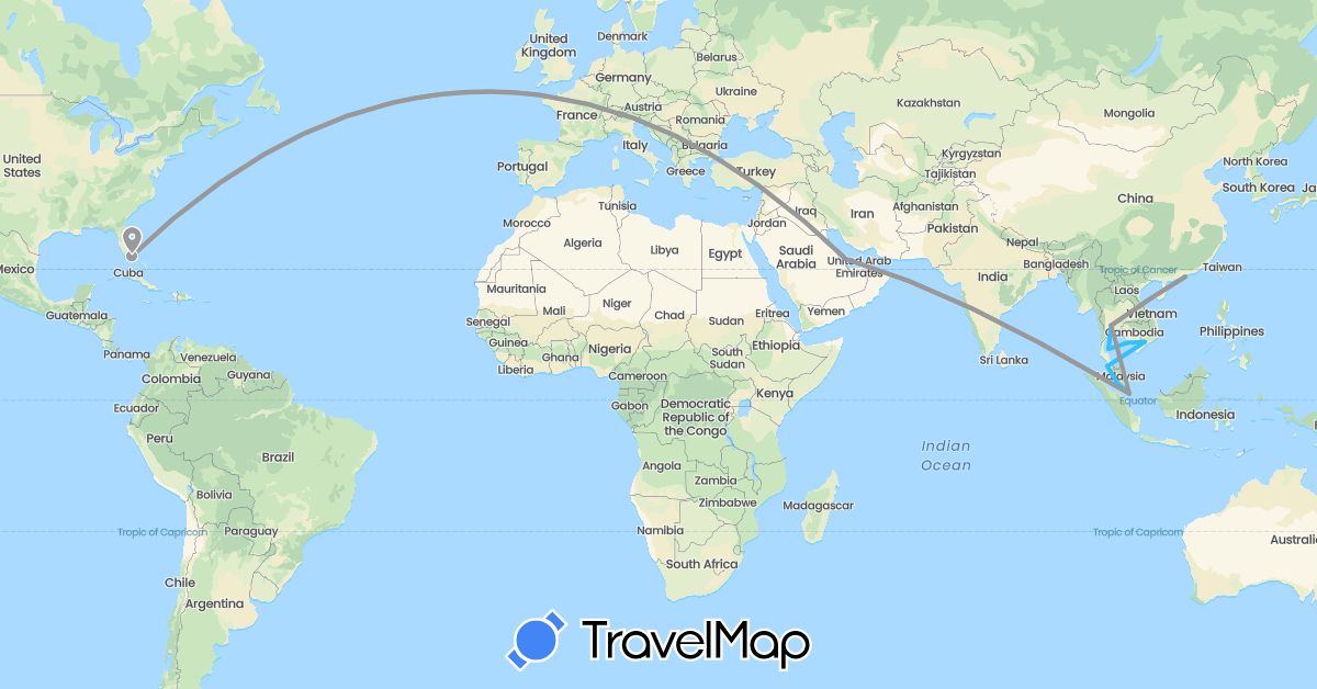 TravelMap itinerary: driving, plane, boat in China, Cambodia, Malaysia, Qatar, Singapore, Thailand, United States, Vietnam (Asia, North America)